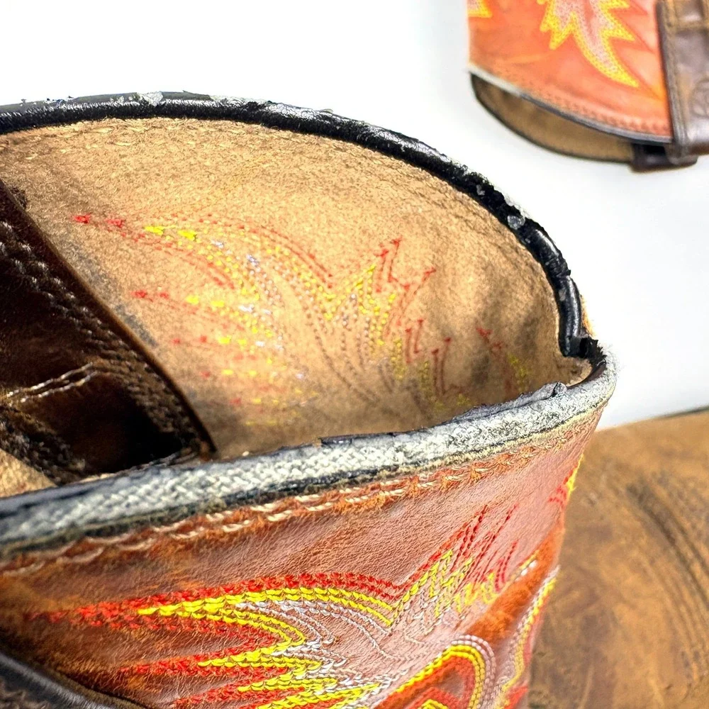 Ariat Kids WorkHog Square Toe Boots Sz 1.5‎ Brown Red Flame Embroidery Western